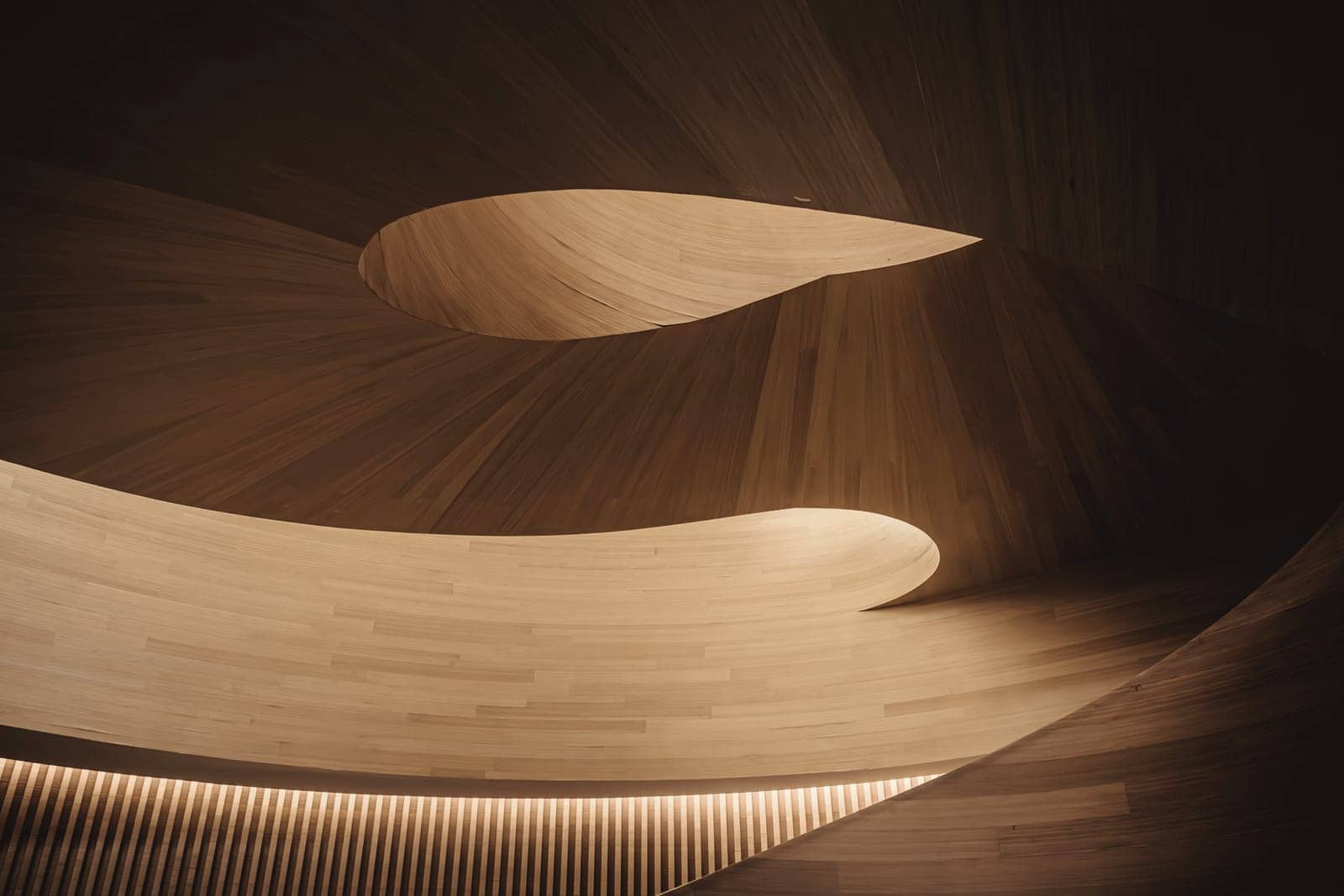 Curved wooden ceiling lit from below